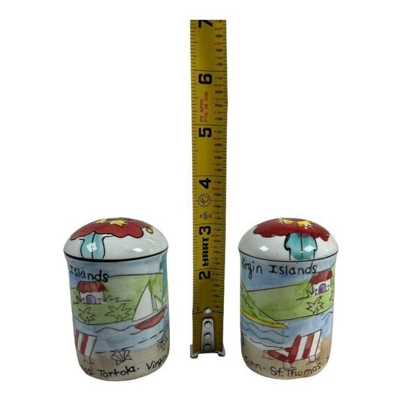 Vintage Virgin Islands Salt  Pepper Shakers With Flowers Beach Scene St Thomas - Picture 5 of 5